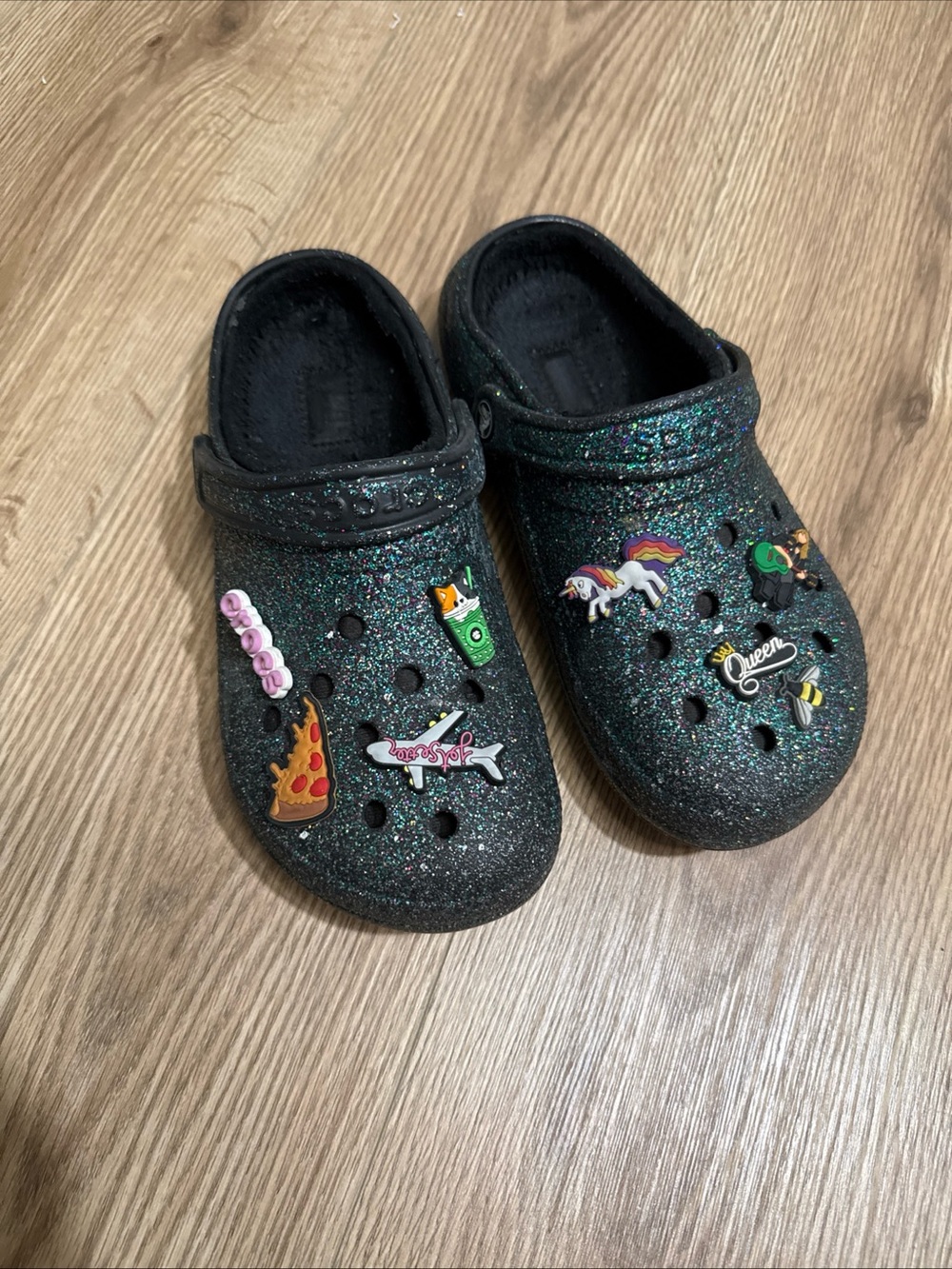 CROCS Kids Black Glitter Clogs with Jibbitz Charms